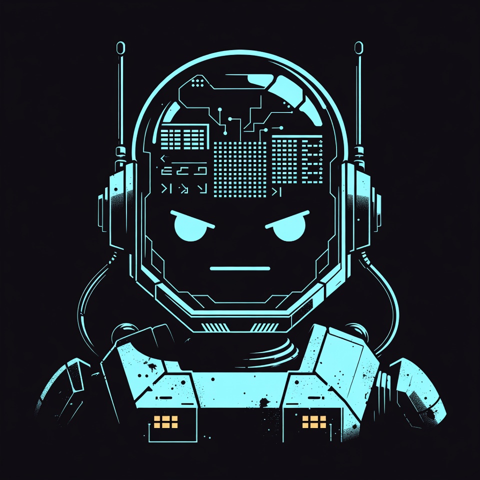 r3r4um - Angular cyborg head with cyan neon circuitry